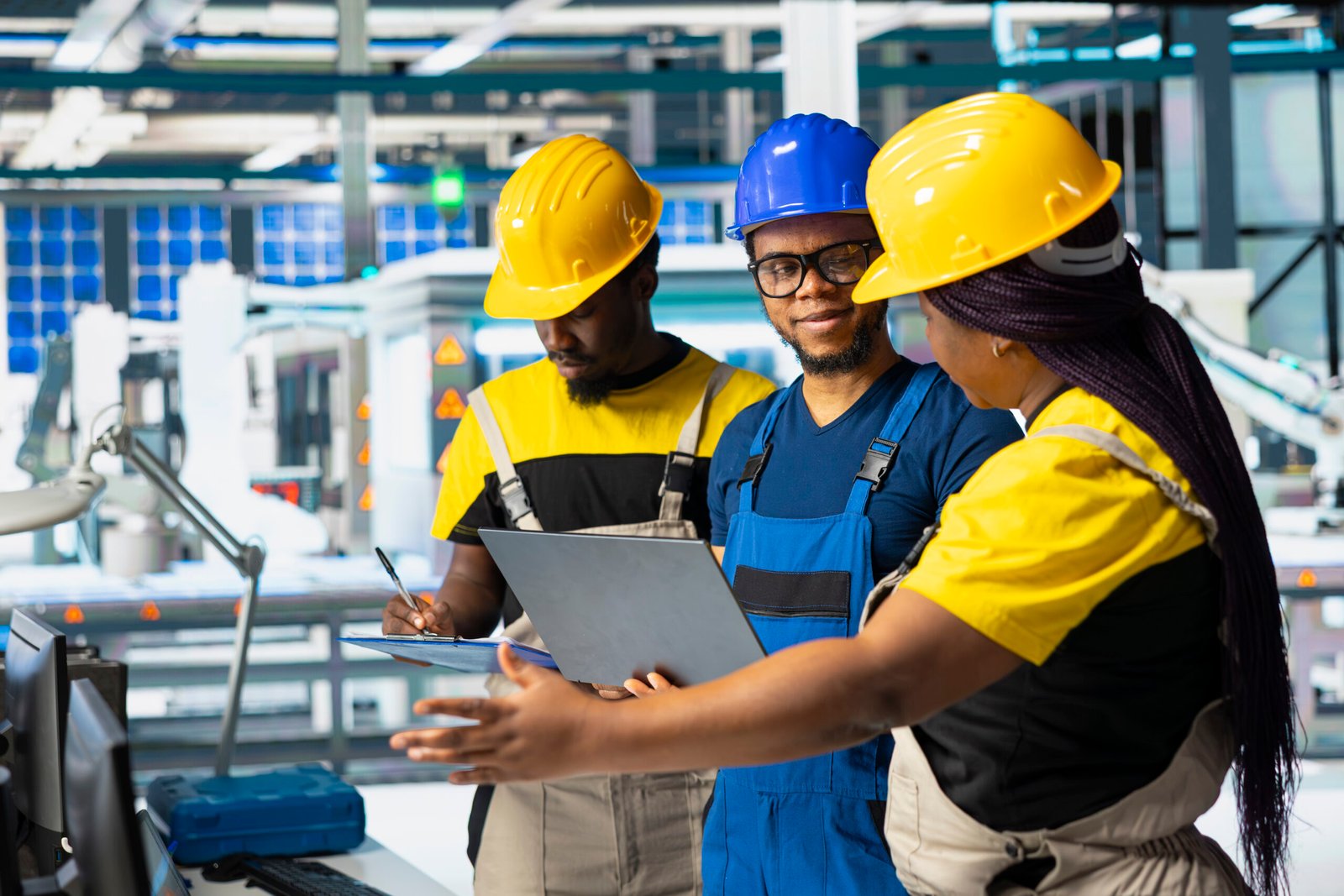 all black team of engineers comparing solar panels designs on laptop